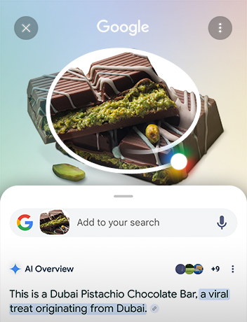 Some Dubai chocolate is circled. Google search bar is seen underneath with AI Overview results.